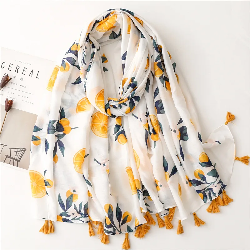 2023 Fashion Women Spring Autumn Viscose Scarf Shawl Lemon Tree Floral Tassel Pashmina Stole Wrap Echarpe Foulards Muslim Hijab