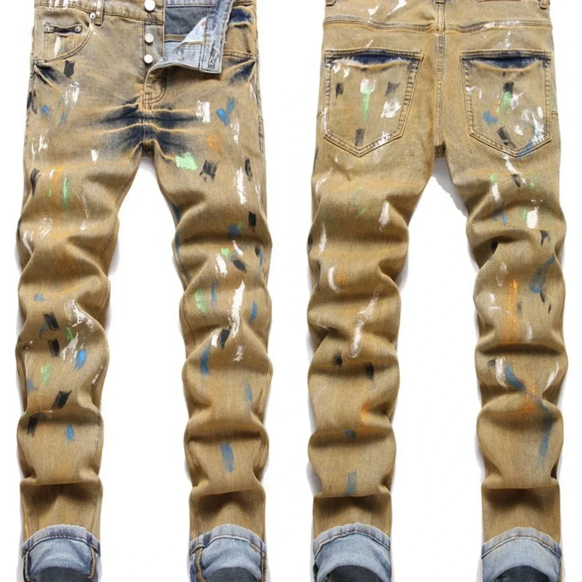 Men's Ink Splash Graffiti Jeans 3D Inner Embroidery Bleached Slim Fit Broken Hole Long Pants High Elastic Zipper Trendy Cat 2024