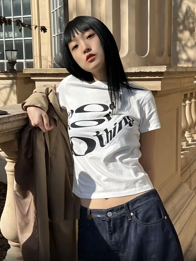 American summer new fashionable shoulder short sleeved T shirt women letter printed versatile slim niche design top T shirt y2k