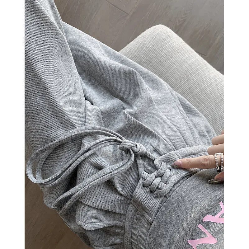 

Gray Wide-leg Pants for Women 2023 Spring and Summer New Drawstring Sweatpants High-waisted Straight Floor-length Sweatpants