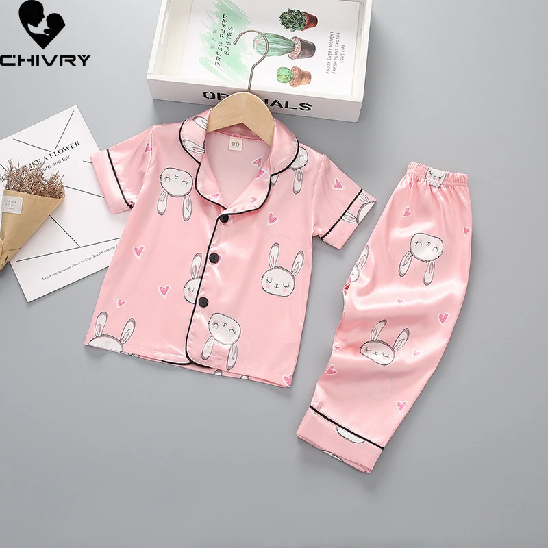 New Kids Boys Girls Silky Pajama Sets Cartoon Short Sleeve Lapel Shirt Tops with Pants Baby Spring Summer Sleeping Clothes Sets Sleepwear & Robes hot