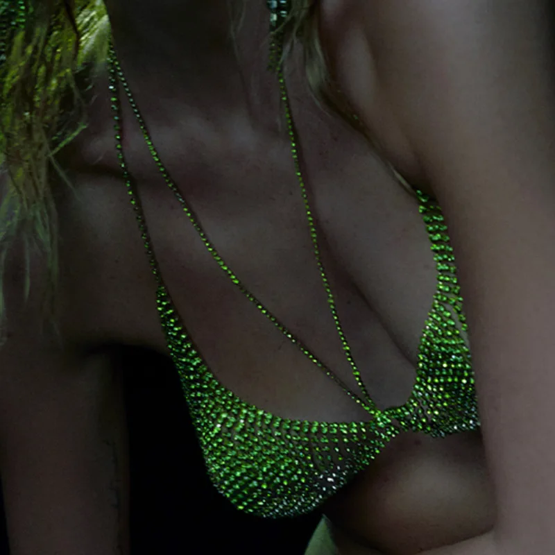 

Sexy Rhinestone Body Chains Harness Chain Bra Top Chest Halter Vest Fashion Festival Jewelry Accessories Rave Festival Outift