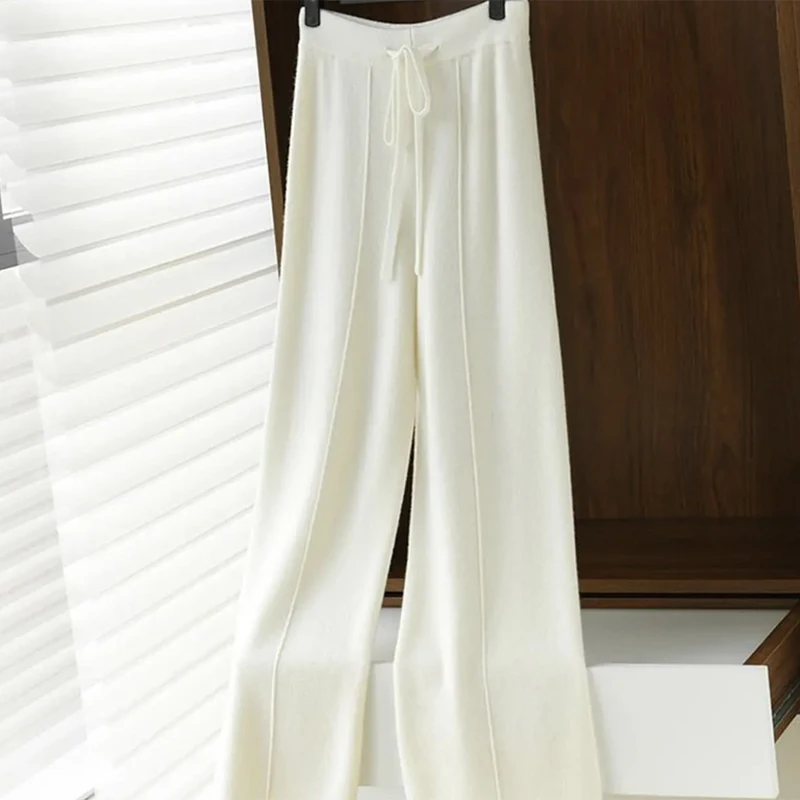 High-waist cashmere wide-leg pants women's casual 100% pure wool mopping pants wear knitted pants in autumn and winter