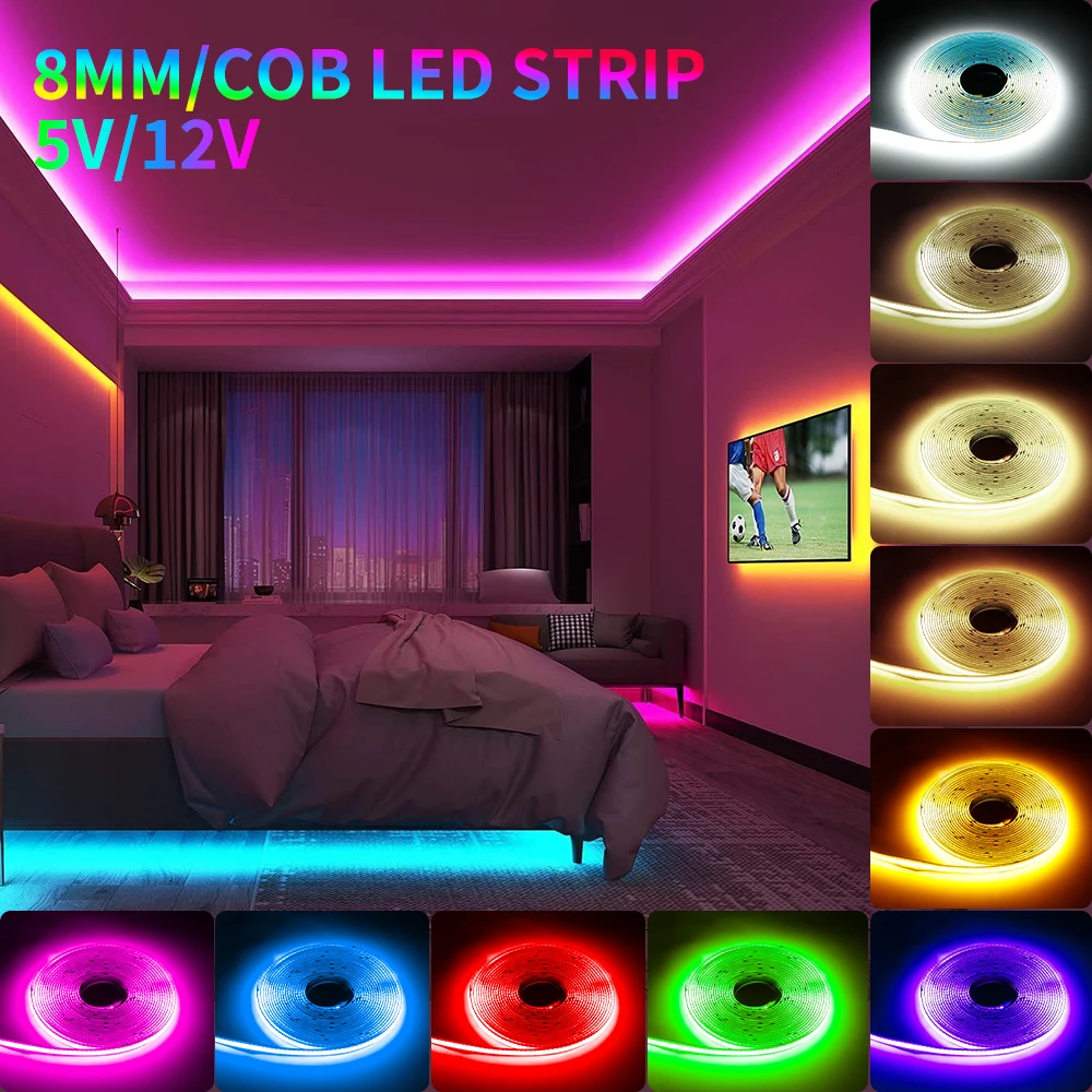 DC5V/12V 320Leds/m COB LED 스트립 라이트 고밀도 선형 조명 유연한 테이프 따뜻한 자연 백색 빨강 파랑 8mm PCB 장식