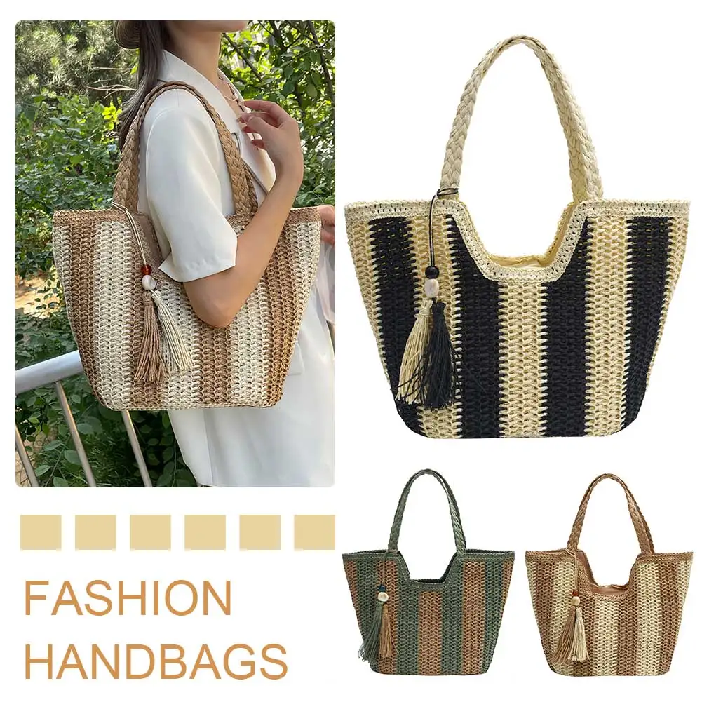 Striped Straw Beach Bag Large Vacation Bag Woven Holiday Travel Handbag with Tassel for Women Work Travel Vacation