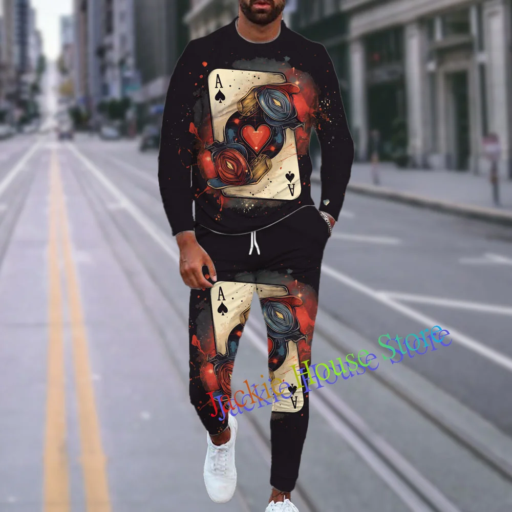 2023 Fashion Men Tshirt Suit Tracksuit Poker 3D Printed Sportswear Short Sleeve T-shirt+Long Pants 2 Piece Set Male Clothes