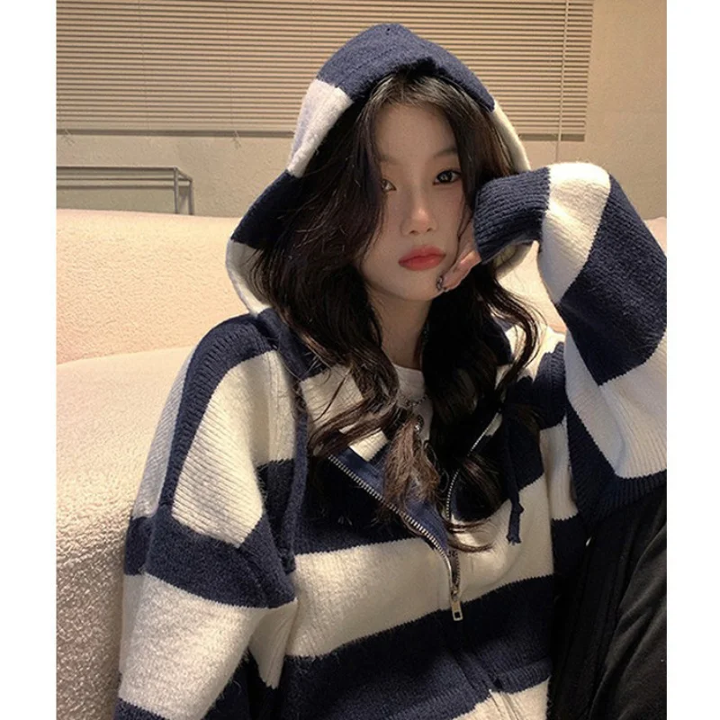 

Cardigan women spring and autumn 2023 new spring knitted hoodie with advanced design sense unique and chic stripes sweater