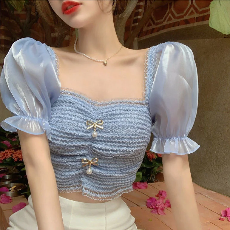 

Дизайнерская Летняя короткая кружевная рубашка с квадратным рукавом, женские блузы, одежда для женщин, топы, рубашки, блузки