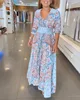 Women Short Sleeve Boho Maxi Dress Vintage Elegant Fashion Casual Print Floral V-Neck Loose Ladies Holiday Beach Party Vestidos