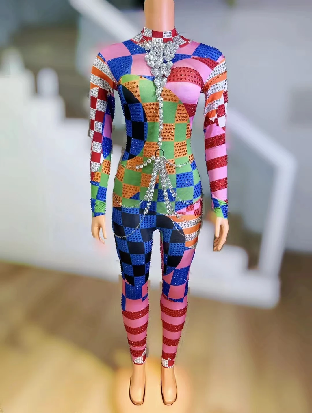 

Joker Bi Colorful Splicing Personalized StreetStyle Fashion Sexy jumpsuit Long Sleeved TightPerformance Clothing A496