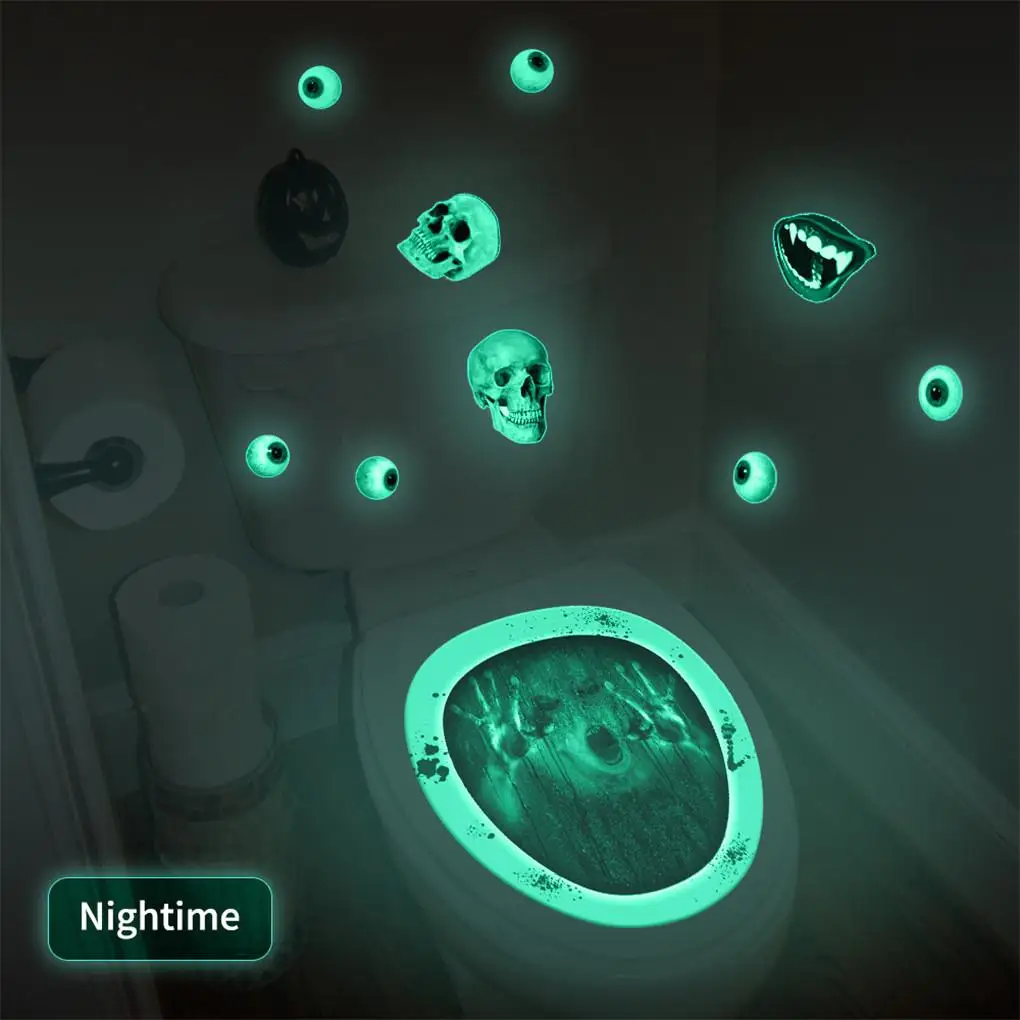 2Pcs Halloween Luminous Toilet Lid Decals Scary Wall Stickers DIY Horror Bathroom Home Party Decor