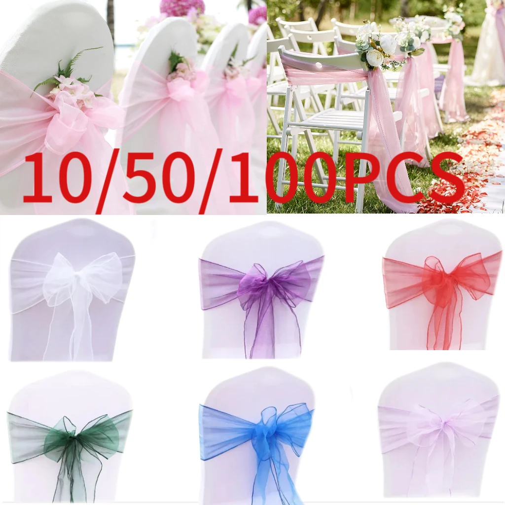 Organza Chair Sashes Knot Bands Chair Bows for Wedding Decoration Banquet Party Chrismas Chair Sashes Decors Supplies10-100PCS