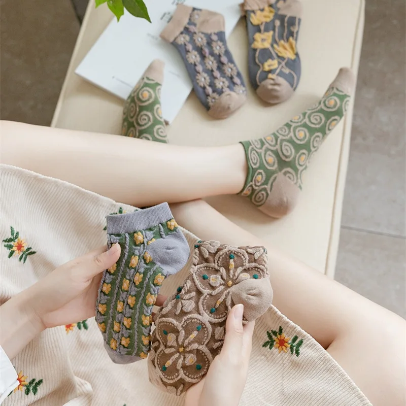 

Retro Boat Socks Women's Short Socks 23 Spring/Summer New Shallow Mouth Non Drop Heel Socks Cotton Embossed Japanese and Korean