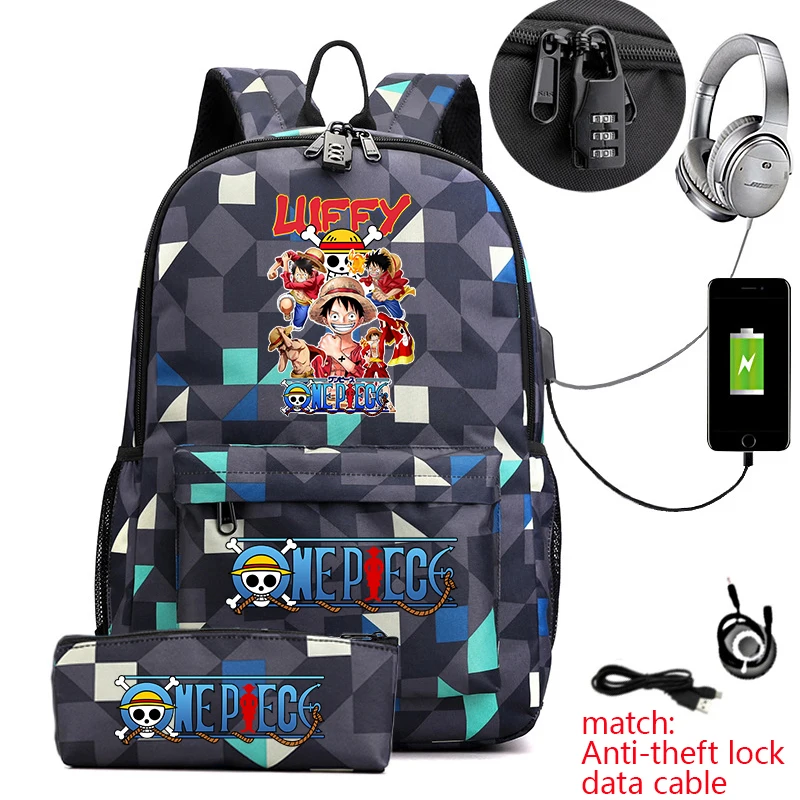 One Piece Luffy Anime Printed Student Backpack Anti-Theft Casual School Bag with Pencil Case for Boys and Girls 1