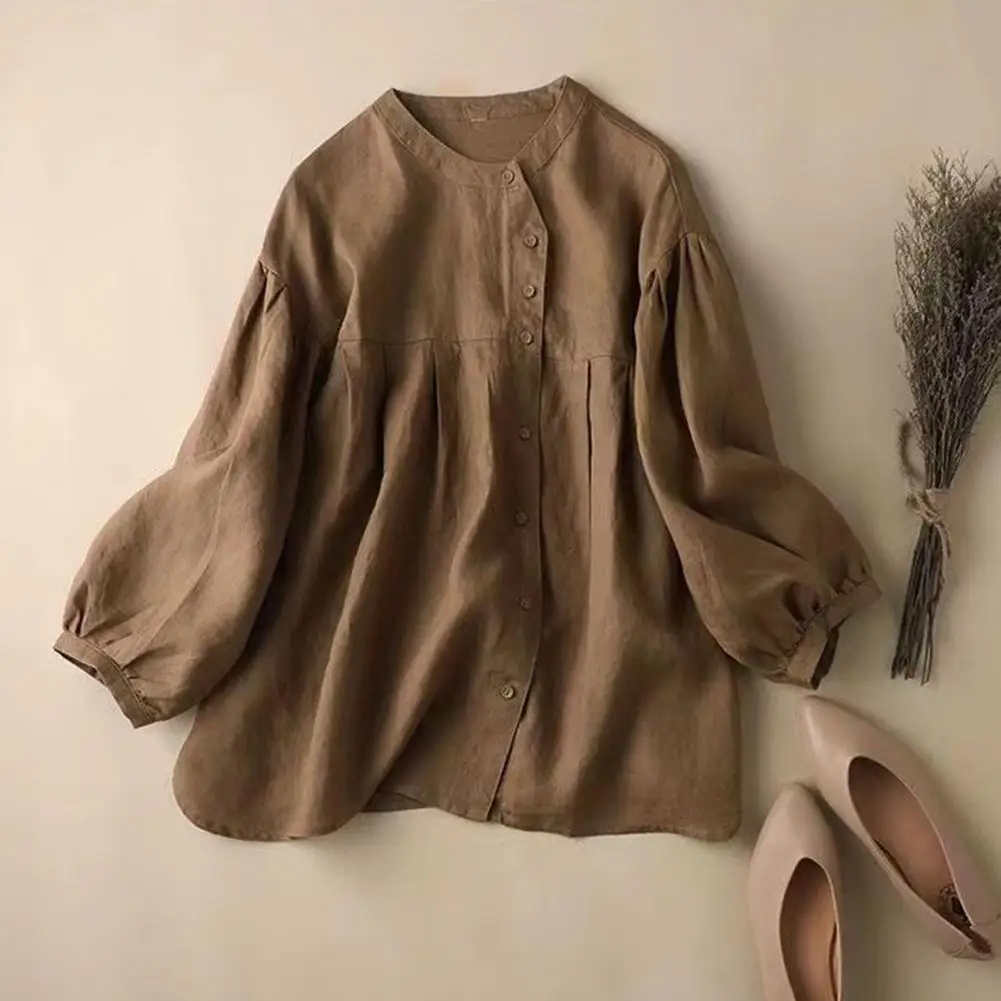 Women Shirt Women Shirt Tops Retro Women's Shirt Lantern Sleeve Single Breasted Splicing Loose Puff Sleeve Pullover Blouse