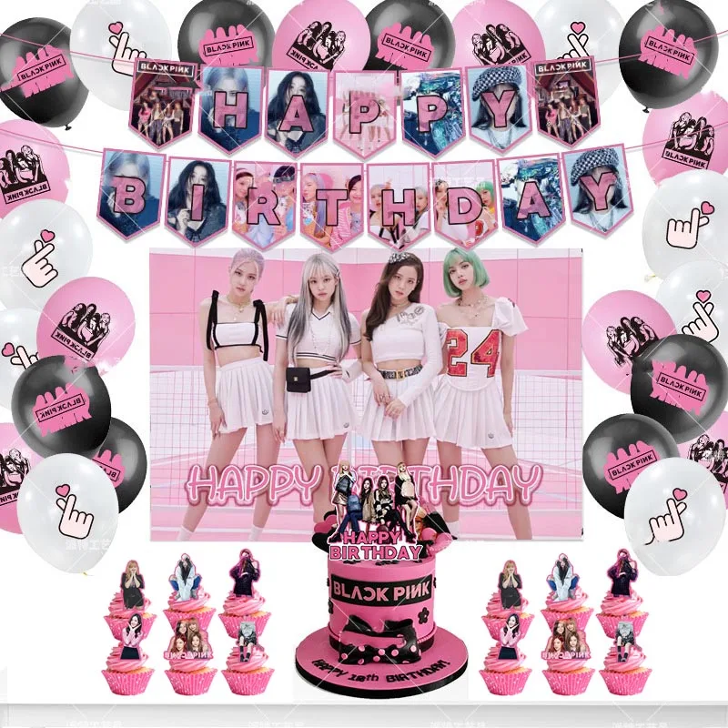 

Black& Pink Birthday Party Supplies Gift Idea Customized Korean Girl Group Cake Topper Balloon Backdrop Baby Shower Home Garden