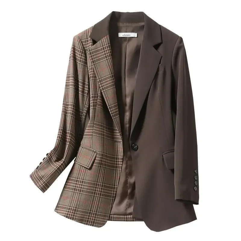 

Splicing Plaid Suit Jacket Female Spring and Autumn 2023 Autumn Clothes New Everything Top Design Sense Niche Slim Retro Suit X7