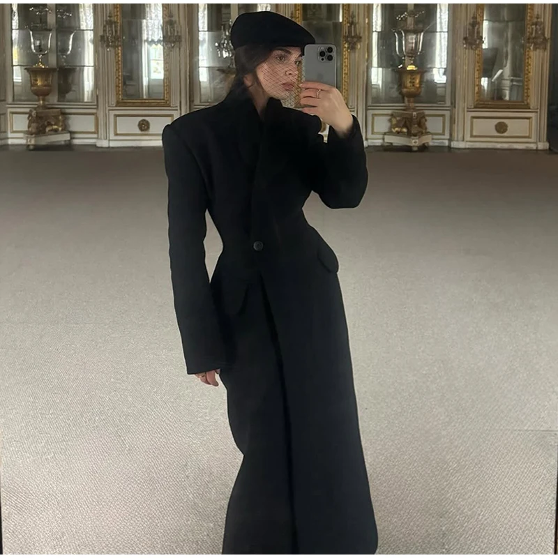 Elegant Hidden Button V-neck Long Coat Women Vintage Classic Waist-cinching Black Tweed Coats Lady Winter Chic Street Overcoats