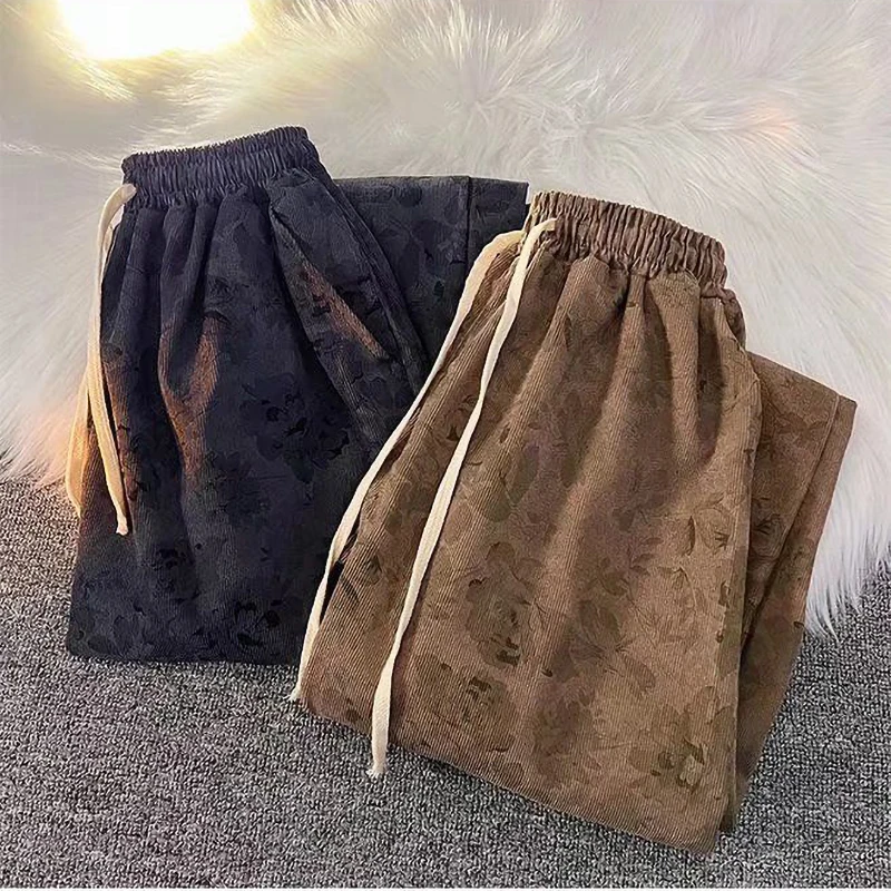 Wide Leg Pants Vintage Floral Corduroy Pants Streetwear Y2k Men Wide leg Oversize Harajuku Casual Straight Long Trousers