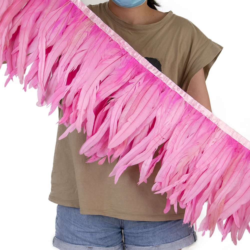 Frangia Di Piume Naturali Di Gallo 2m | Nastro Decorativo Per Cucito Fai Da Te Larghezza 10-15 Cm