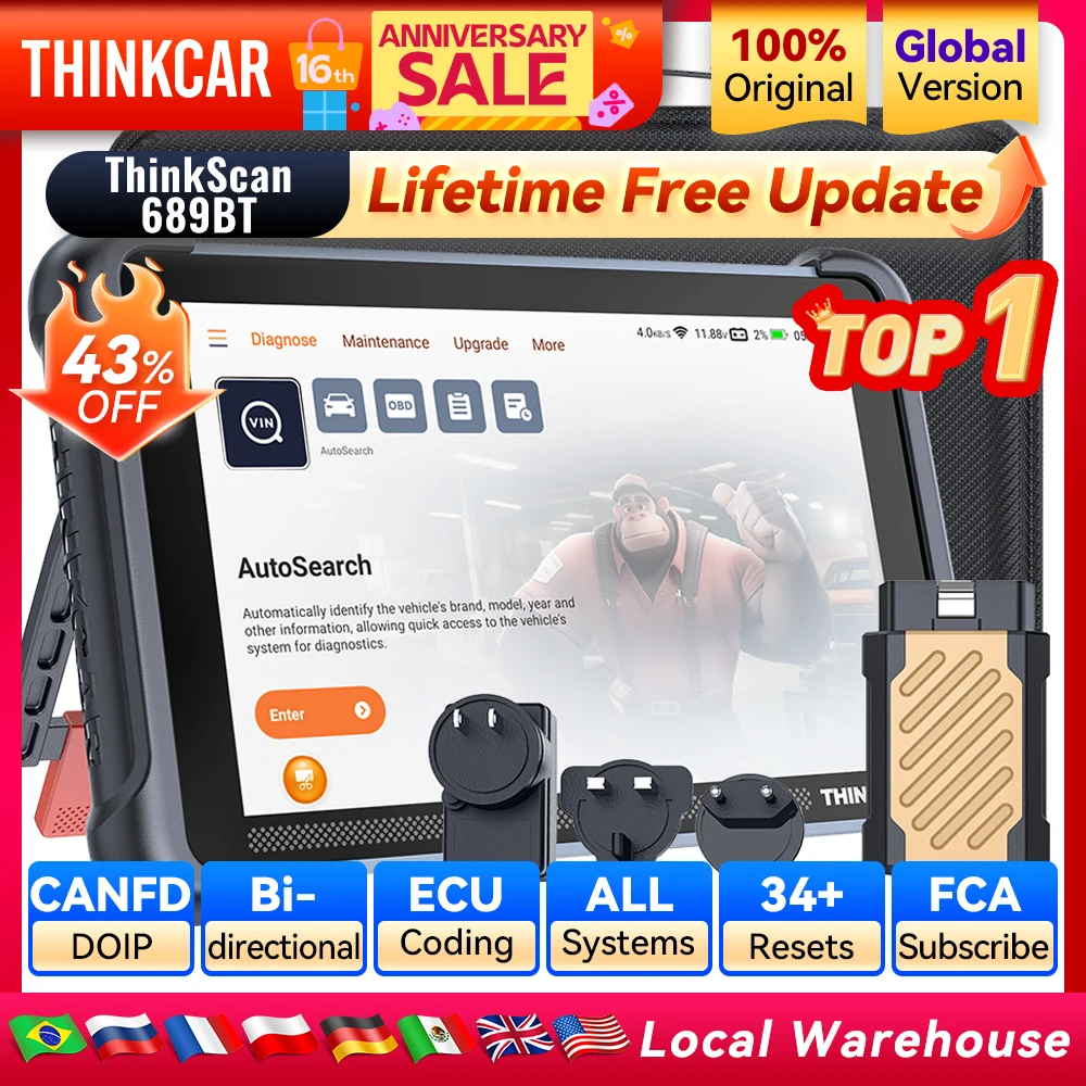 THINKCAR THINKSCAN 689BT Meilleur outil de diagnostic automobile professionnel CANFD DOIP Codage automatique bidirectionnel VIN ECU 34 réinitialisations Durée de vie complète du système Scanner Obd2 gratuit FCA SGW