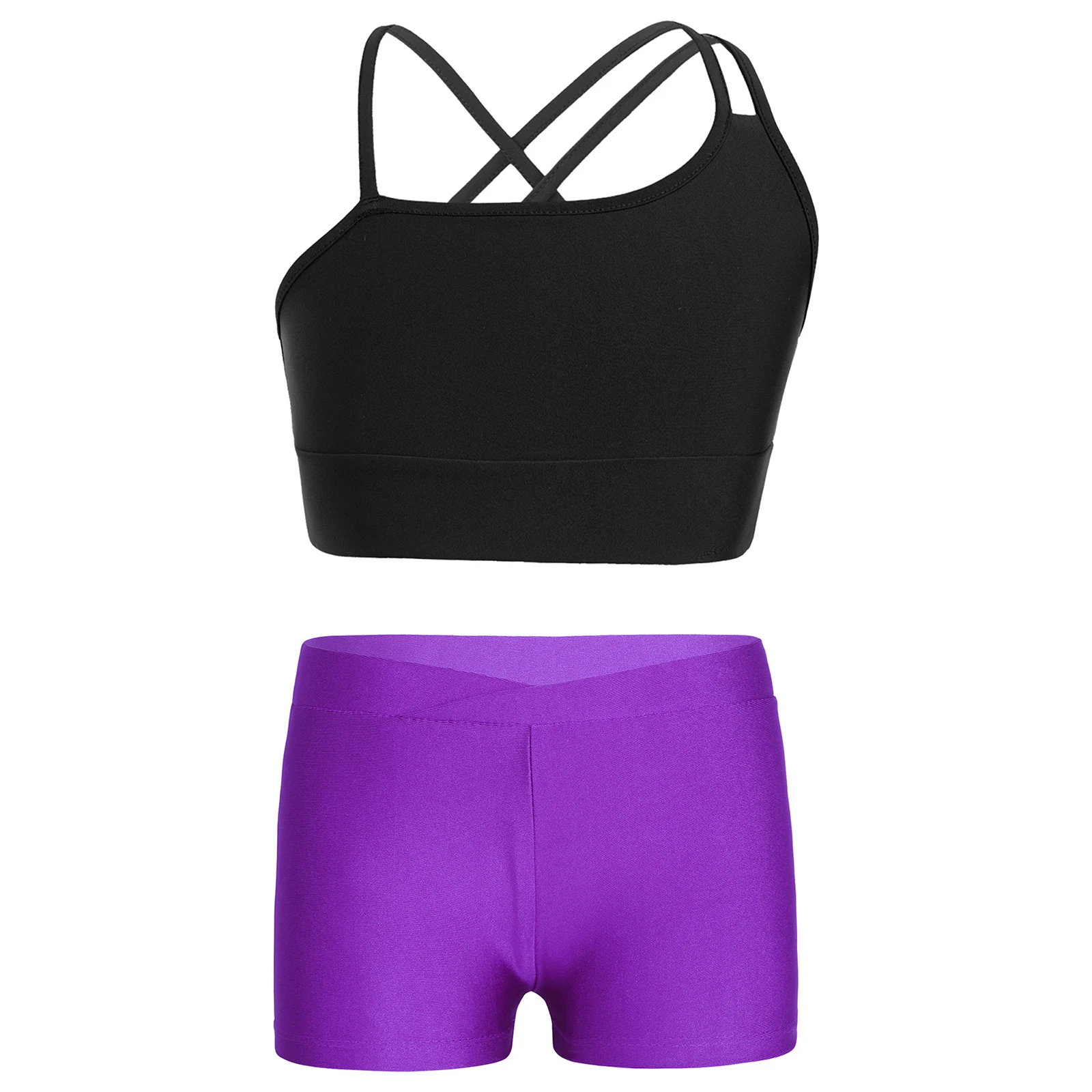 2PCS Summer Kids Girls Dance Suits Asymmetrical Strappy Crop Top with V-front Waistband Shorts for Sports Gymnastic Workout Yoga