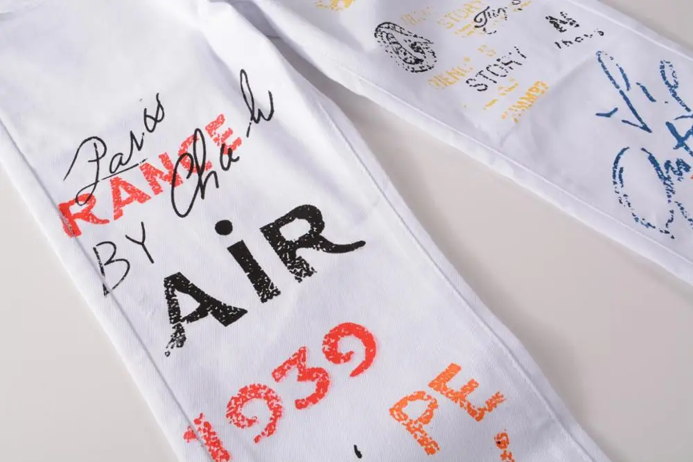 Men\'s Letter Graffiti White Jeans 2023 New Fashion Print Slim Mens Jeans  Skinny Biker Jeans For Man Denim Punk Pants Jean Homme