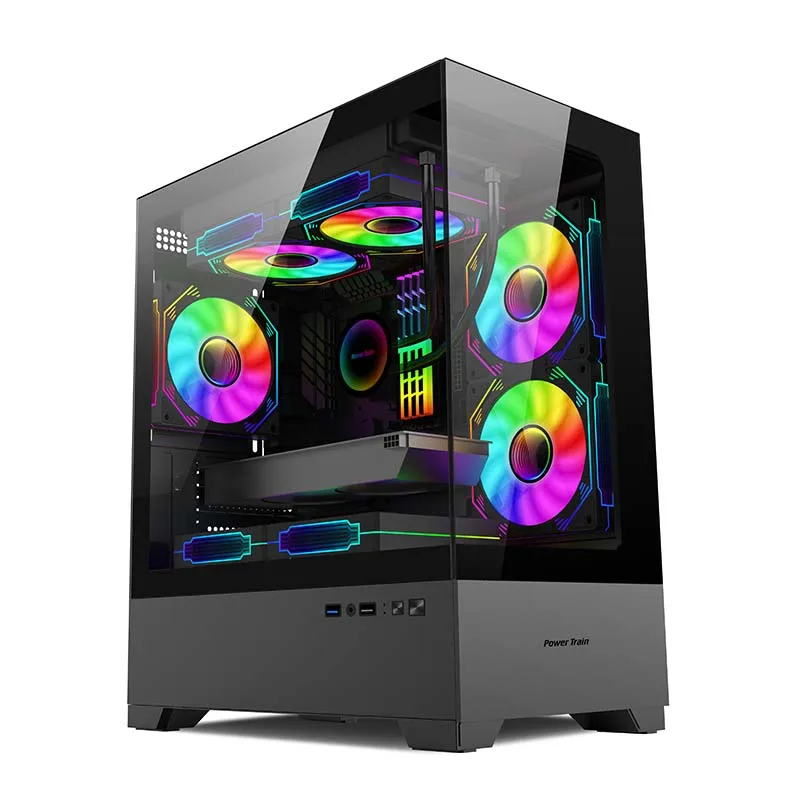 파워 트레인 huanjing 3 데스크탑 컴퓨터 케이스는 240 수냉식을 지원하며, 스탠드 없는 M-ATX 디자인으로 듀얼 글래스 패널을 특징으로 합니다.