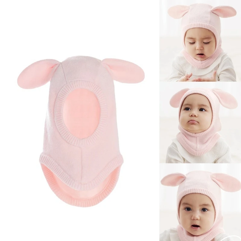 

F62D Autumn Winter Baby Knitting Hat Fashion Warm Scarf Cap Infant Boys Girls Pullover Hat Windproof Earmuffs Cap Solid Color