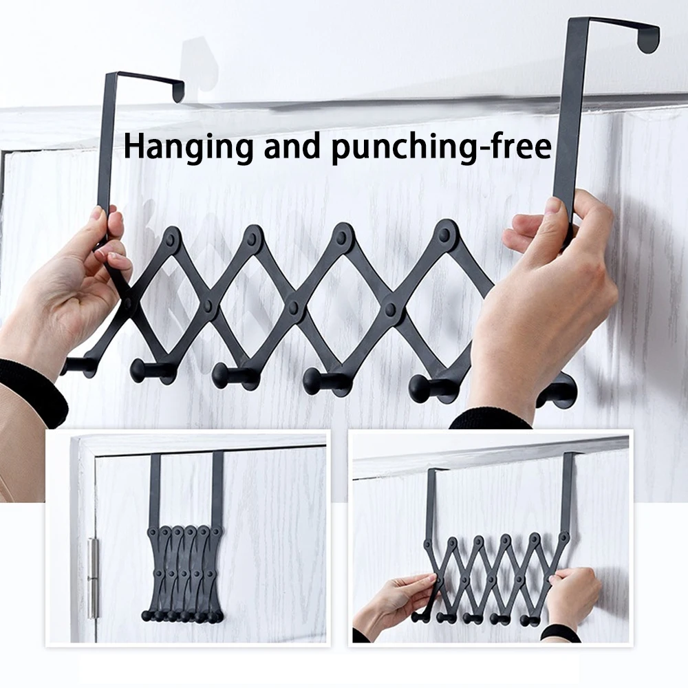 Accordion Wall Hanger with 4/6 Hooks, Wooden Wall Expandable Coat Rack for Coat, Hats, Baseball Caps, Coffee Mug(Black)