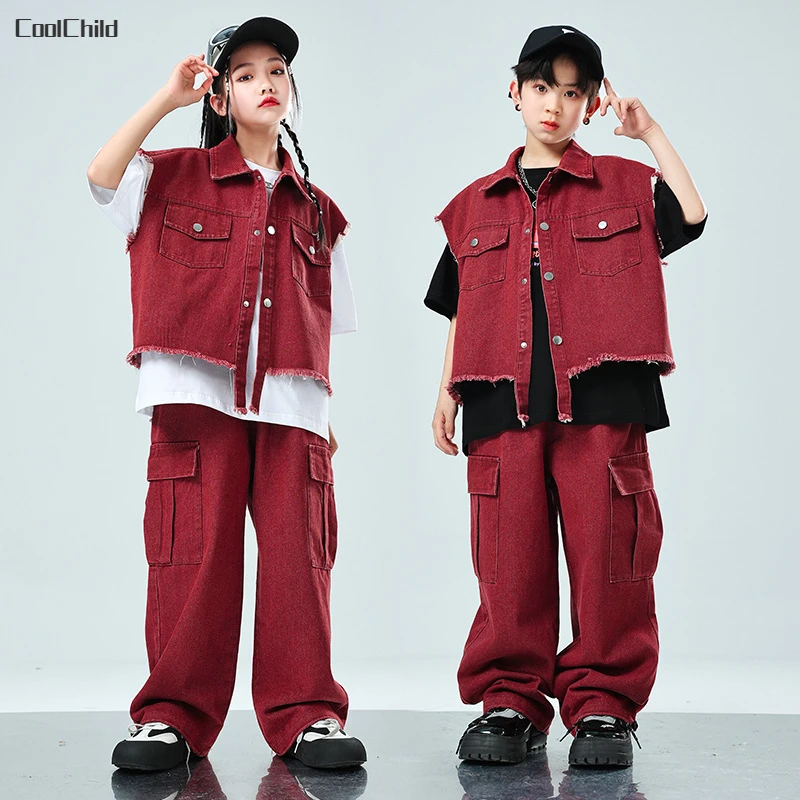 Hip Hop Mädchen coole Jeans Weste Grat Rand Cargo Jeans Kleidung setzt Jungen Jazz Street Dance T-Shirt Kind Kinder Streetwear Kostüme