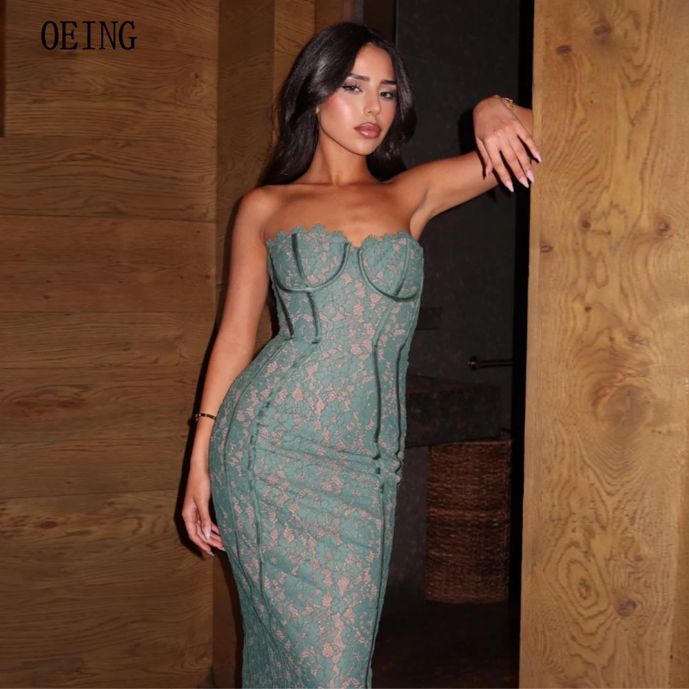 

OEING Strapless Lace Evening Dresses Mermaid Elegant Tea Length Luxurious Gala Dress Vestidos Para Mujer Stunning Prom Gown