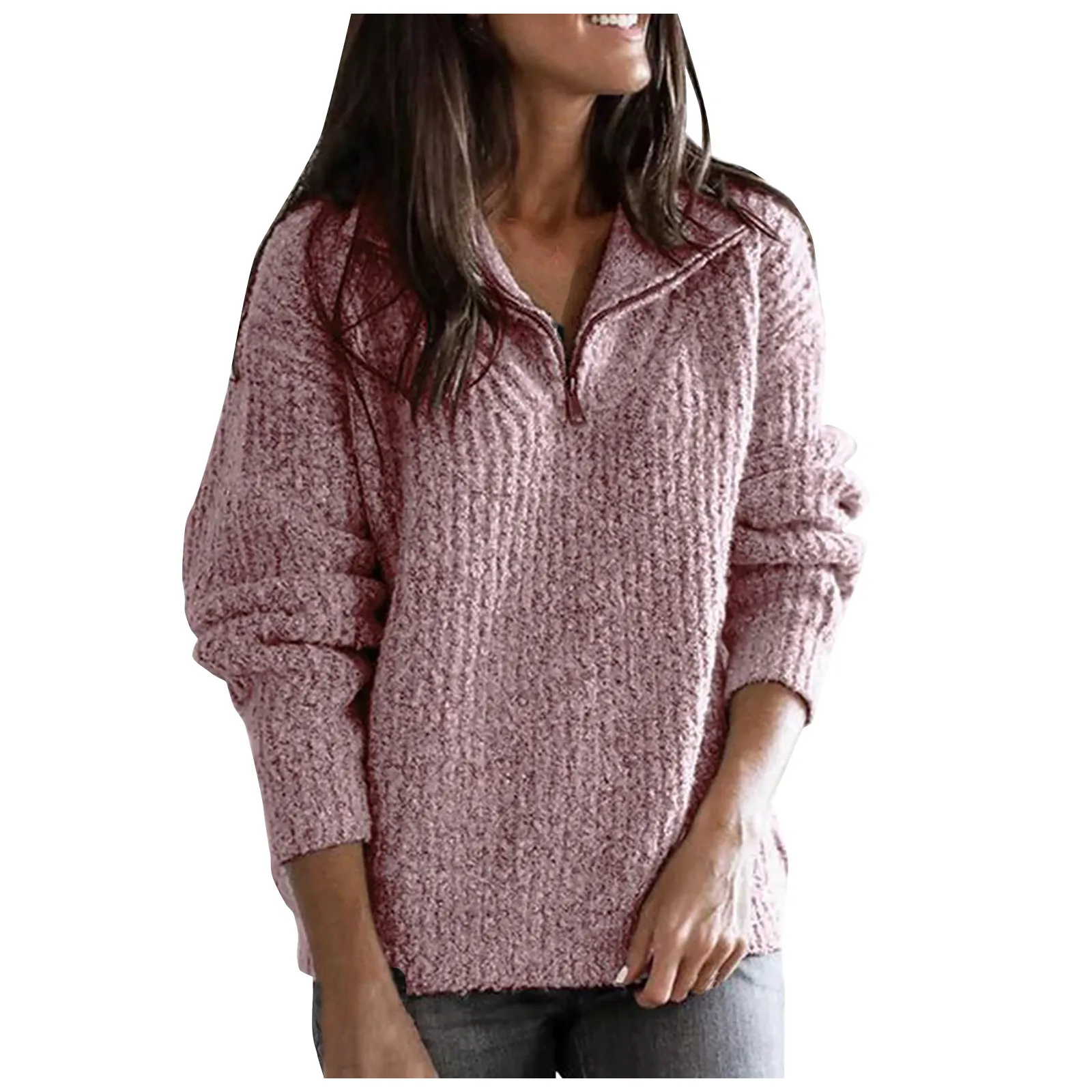 

Women's Sweater Top Autumn And Winter Casual Loose Solid Color Stitching Long-sleeved Stand Collar Half Zipper Pullover Knit