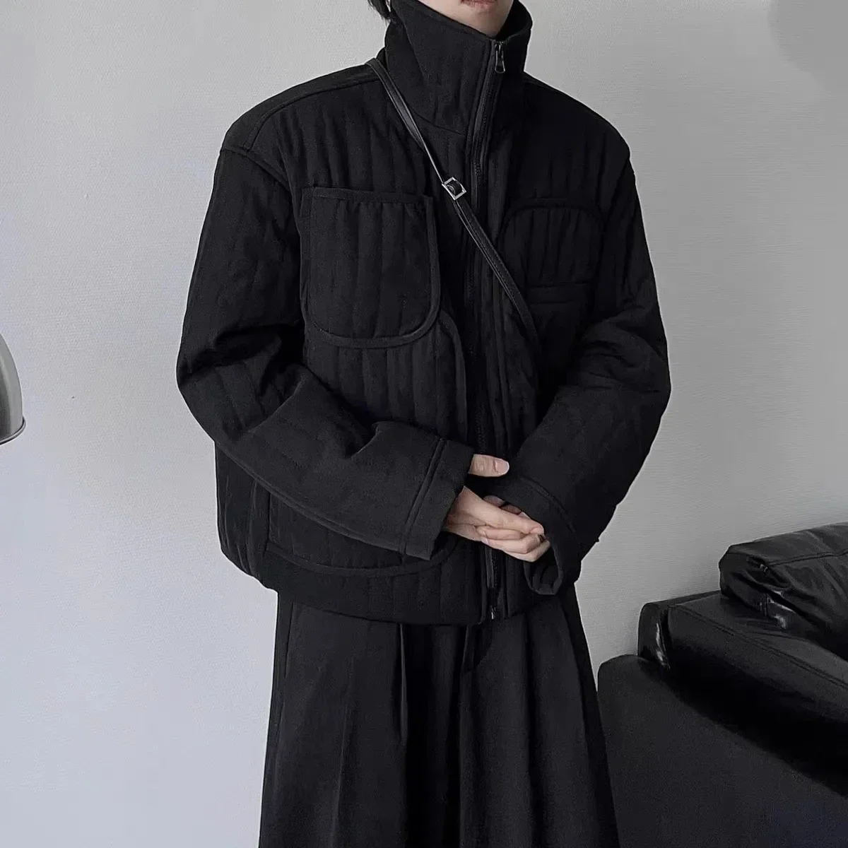 Dark Minimalist Short Cotton Padded Jacket Japanese Winter Men Niche Loose Stand Collar Parkas Yamamoto Light Thin Haughty Coats 2