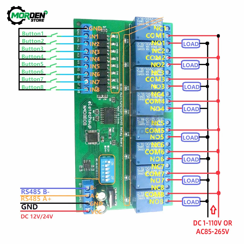 Isolado Entrada & Saída Din35 C45 Trilho Caixa Uart Módulo de Relé Rs485 Modbus Rtu Placa Interruptor Controle Fonte Alimentação dc 12v 24v