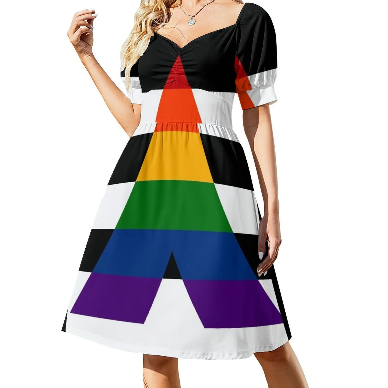 thumbnail image 1 of Vestido de noche de manga corta con estampado de bandera del orgullo LGBTQ+ sin costuras y repetitivo para mujer. Ropa para mujer., 1 of 8