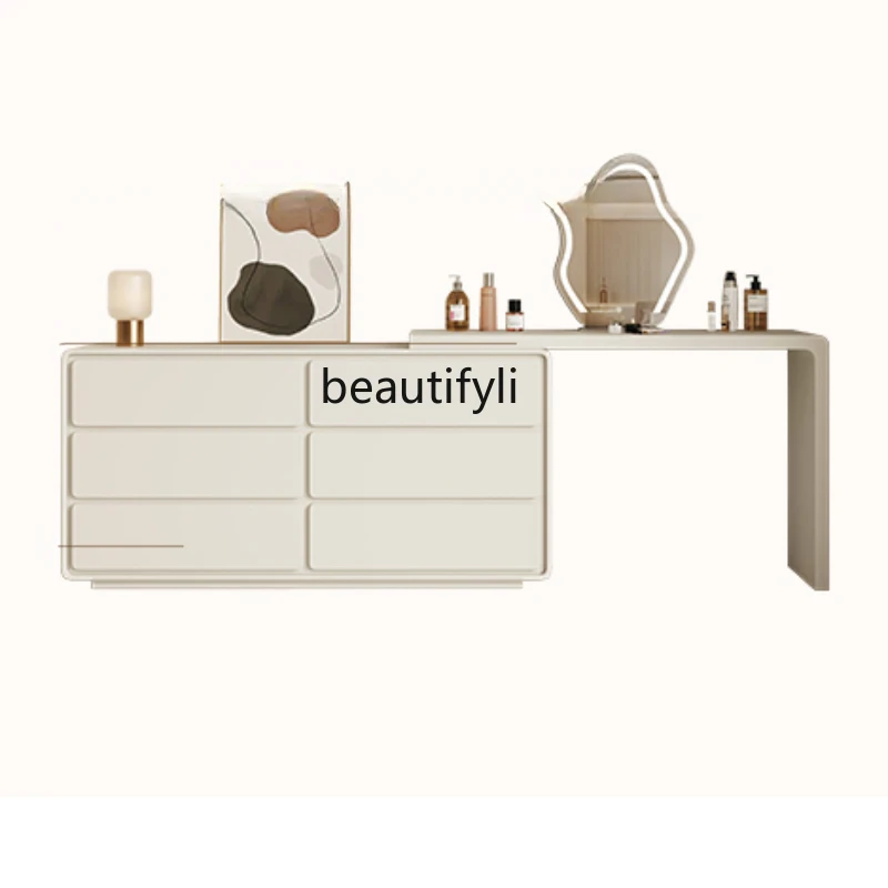 

Cream Style Light Luxury Dressing Table Bedroom Storage Chest of Drawers Integrated Solid Wood Retractable Makeup Table