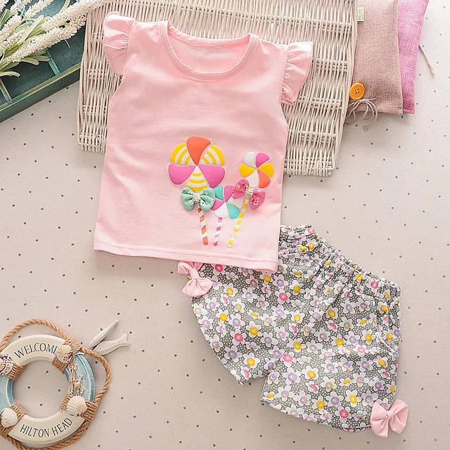 Summer Cute Cartoon 2PCS Kids Baby Girls Floral T-shirt Top Shorts Pants Set Clothes Girls Clothing Sets FengChe-pink