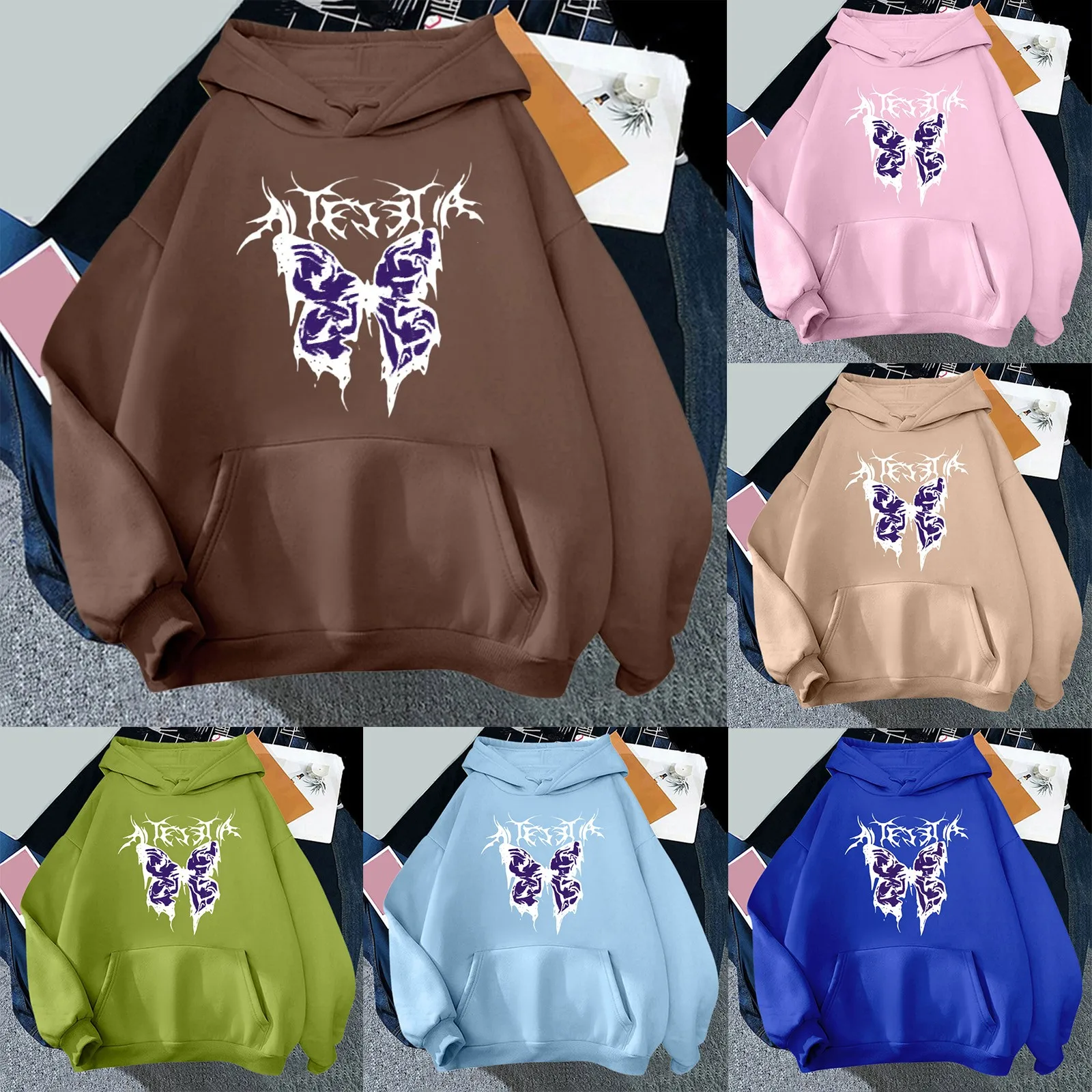 

Women's Plain Basics Brushed Letters Loose Fit Hooded Sweatshirts Long Sleeves Pockets Shoulders Pullovers Fleece Cropped Hoodie