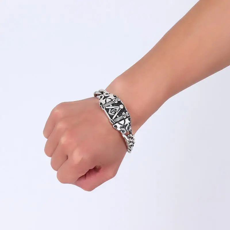 Men's Free Mason Freemasonry Stainless Steel Cuban Link Chain Masonic Bracelet