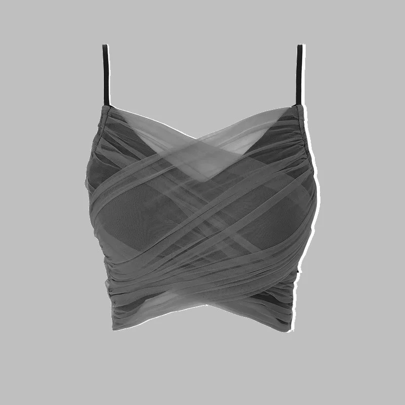 

2023 Summer Women French Romantic Sexy Cross-over Yarn Gray Small Camisole Female Korean New Solid Color Short Lace Camisole