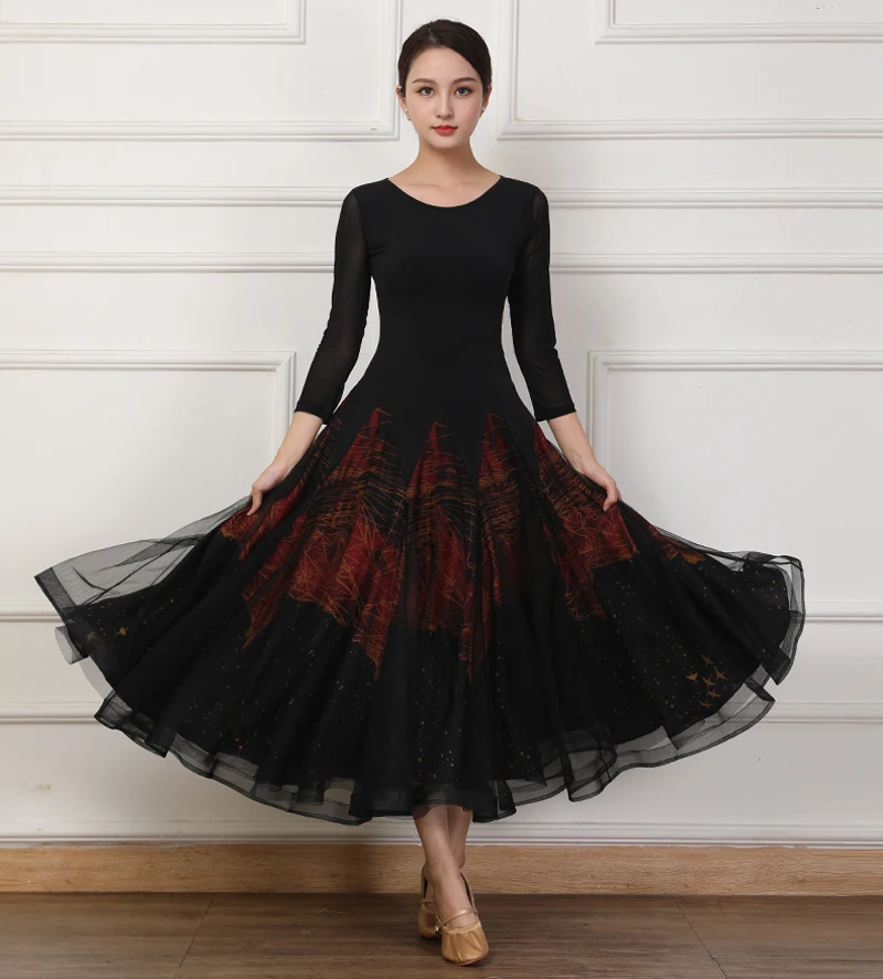 

Платье для вальса, бальное платье с длинными рукавами, сетчатый женский костюм с большим подолом, одежда для соревнований, одежда для выступлений, сценические наряды