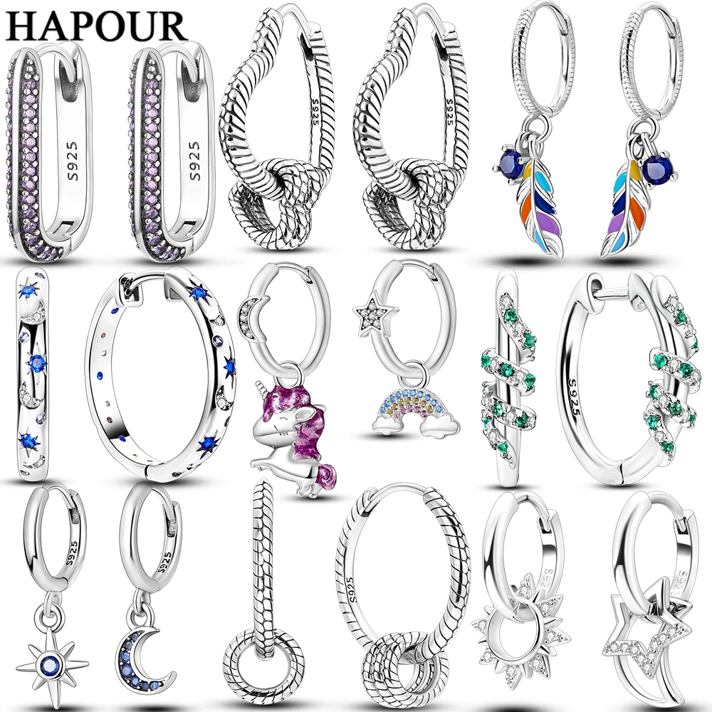 HAPOUR 925 Silver Women Hoop Earrings Fashion Pendientes Gift For Female Girl Sparkling Pave CZ U Heart Shape Star Moon Earring