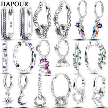 HAPOUR 925 Silver Women Hoop Earrings Fashion Pendientes Gift For Female Girl Sparkling Pave CZ U Heart Shape Star Moon Earring