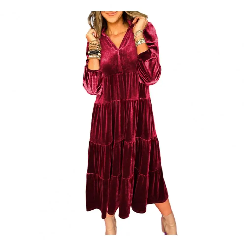 

Short-sleeve Velvet Dress Velvet V-neck A-line Midi Dress with Long Sleeve Loose Hem Soft Warm Patchwork Solid Color Women's