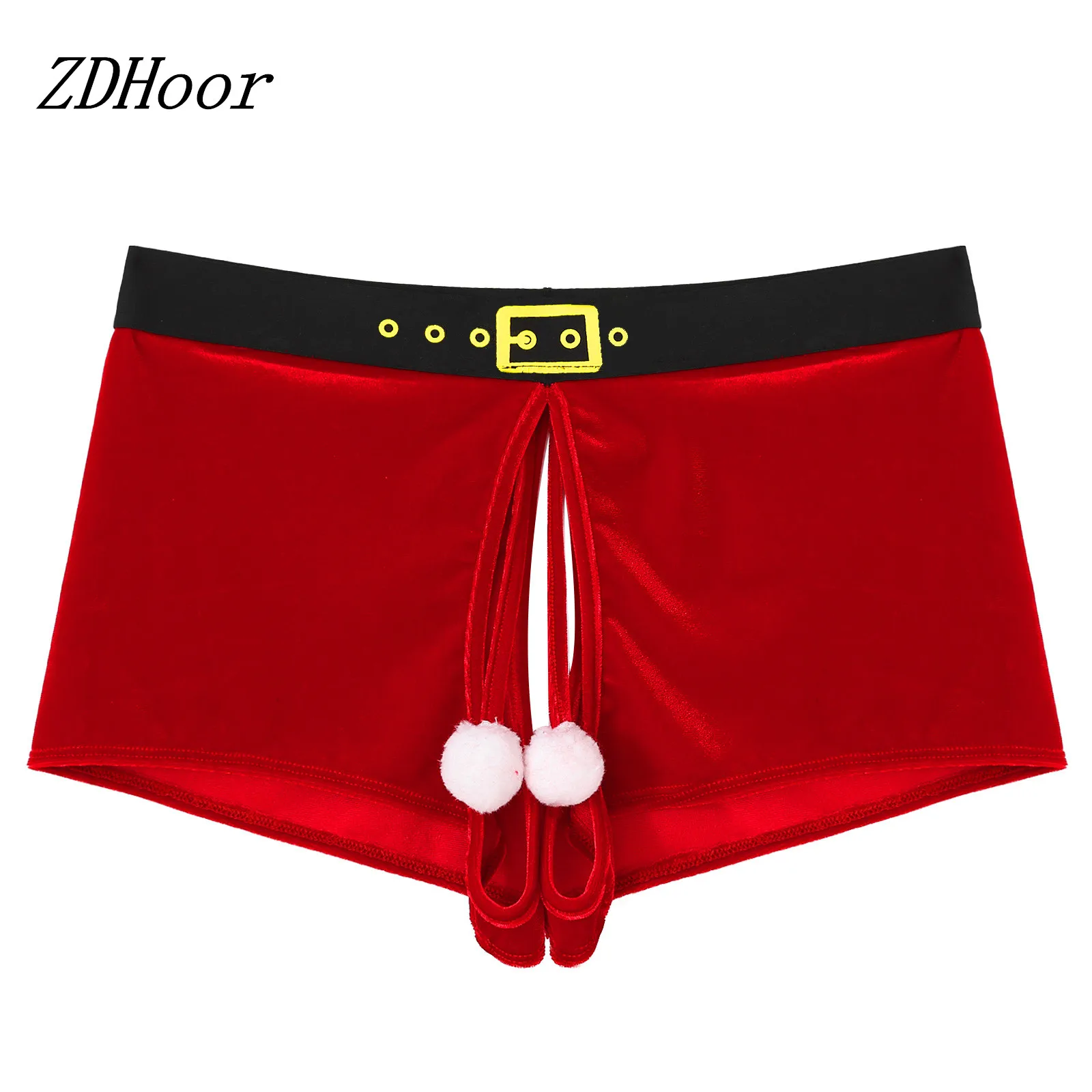 

Men Christmas Crotchless Velvet Boxer Shorts Panties Fluffy Ball Sexy Lingerie Underwear Low Waist Elastic Waistband Underpants