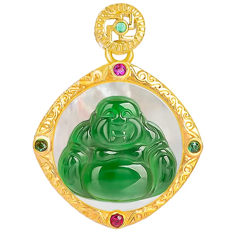 

Green Jadeite Maitreya Pendant Necklace Real Jewelry Natural Burmese Jade Charm Vintage Carved 18K Gold Plated Gift Gemstone