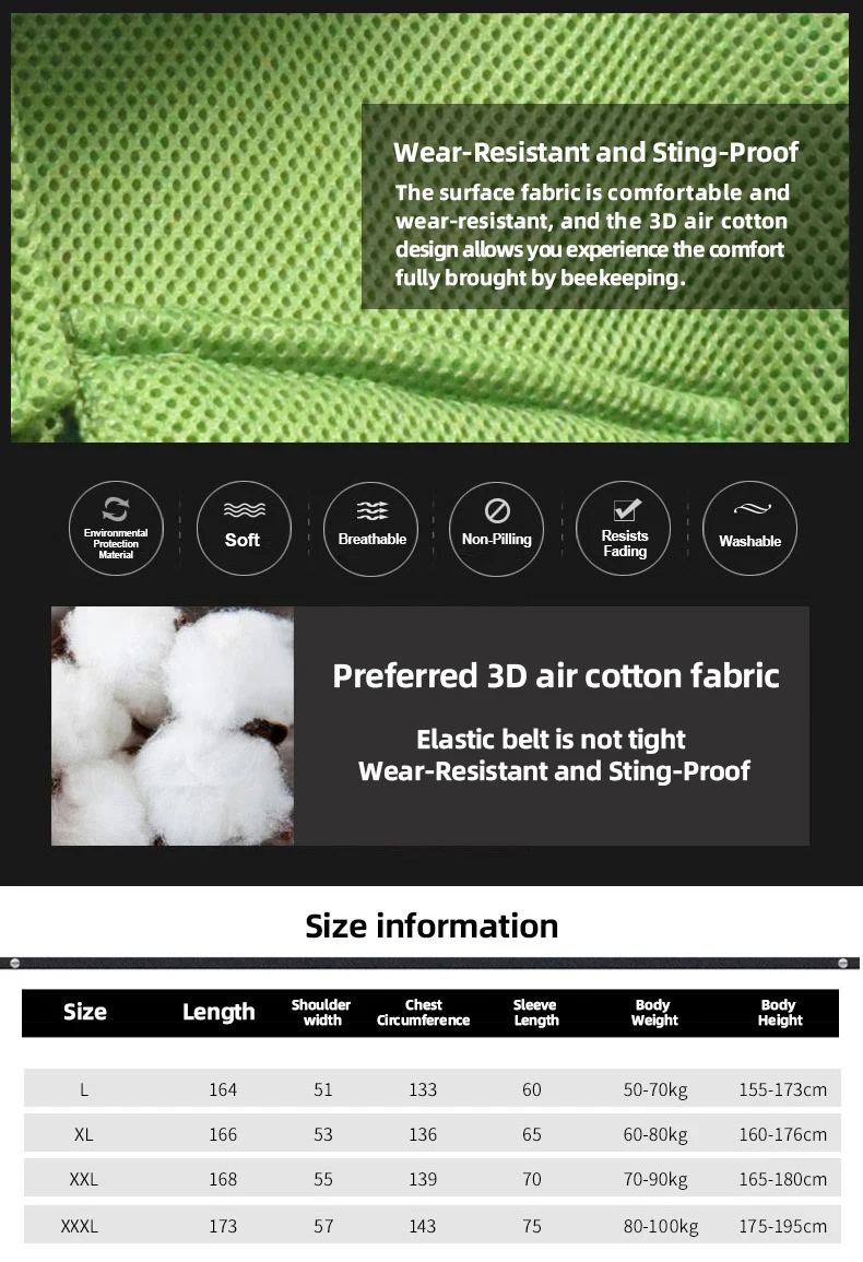Description Picture 2 of itemBee Suit Professional Grade Preferred 3D Air Cotton Fabric Full Body Beekeeping Protective Clothing Beekeeper Suits  Equipment