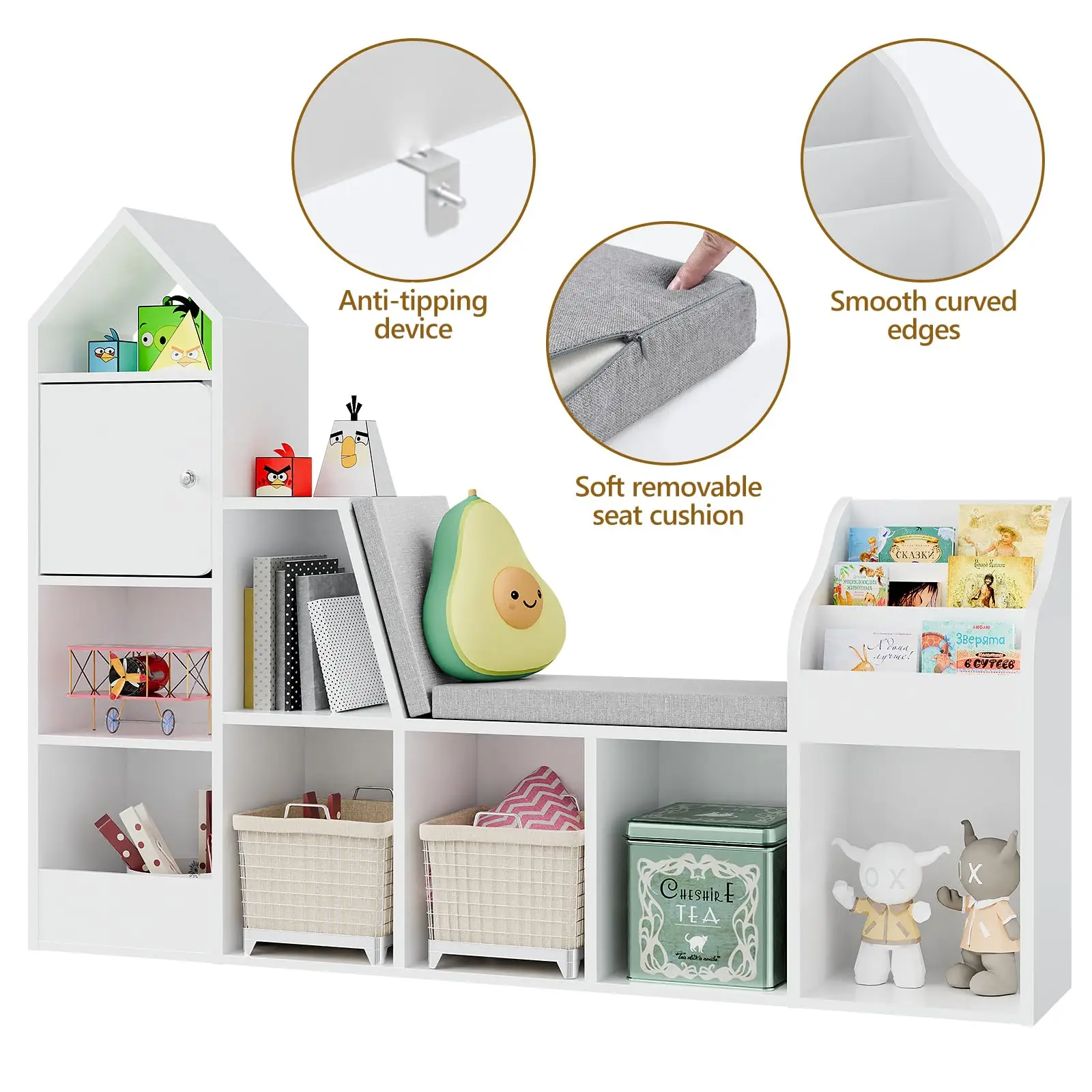 Vabches kids Bookcase with Seat Cushion Children's Bookshelf with 7 Open Storage Cubbies&3-Tier Book Organizer Toy Storage Chest 5