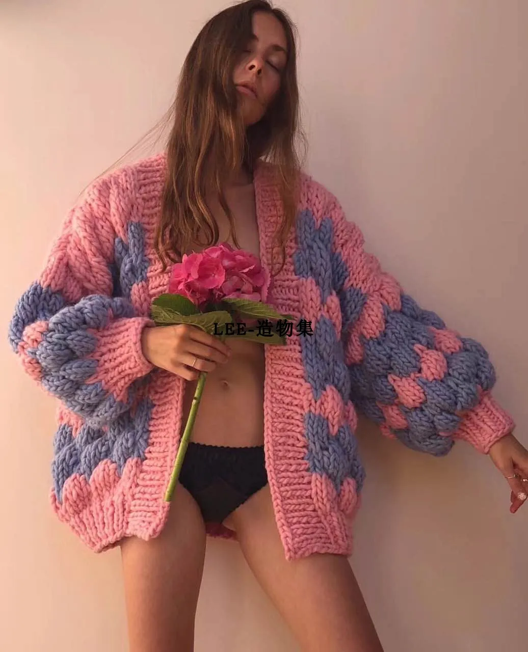 

Fashion Knitted Lantern Sleeve Cropped Cardigans Coat Women Oversized Thicken Sweater Autumn Casual Vintage Streetwear Female